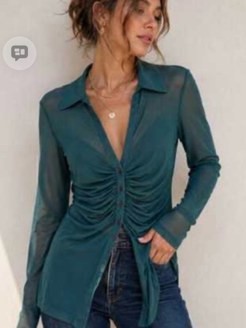 Free People Teal Green Sheer Mesh Ruched Button Front Blouse M